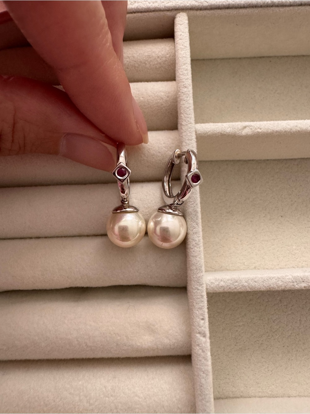 Faux Pearl Drop Hoop Earrings with Ruby